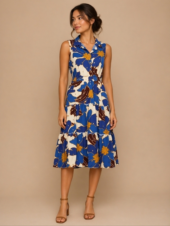 Alex and Parker Dresses & Skirts - ALEX and PARKER Tropical Blue Floral Sleeveless Tiered Shirt Tiki Dress